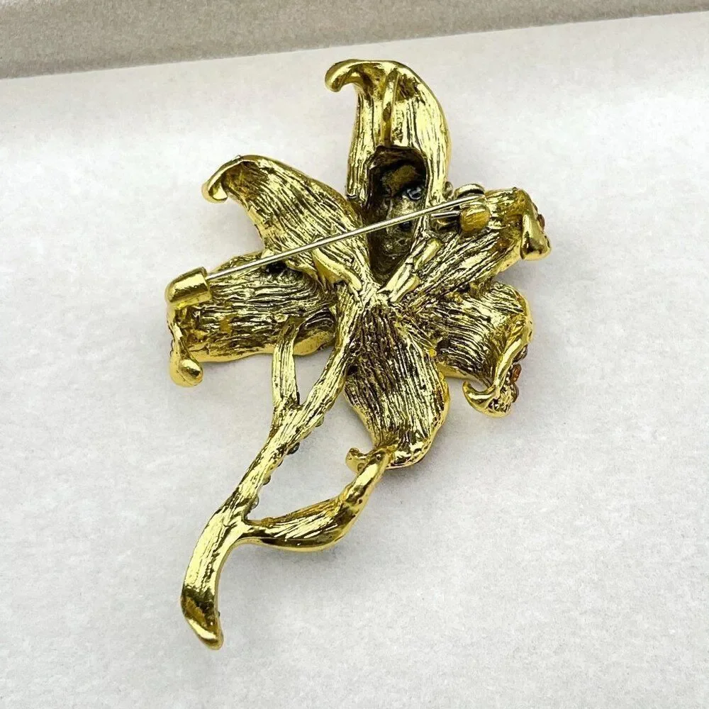Yellow Gold with Burnt Orange and Champagne Crystal Lily Flower Pin Back Brooch